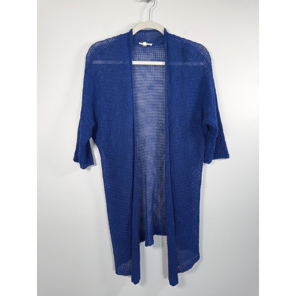Eileen Fisher Cardigan Womens L Open Front Blue Nylon Mesh Knit  Layering EUC